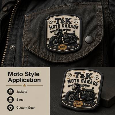 ジャケット、ストリートウェア、ワークウェア、ハット、バッグ、ガレージブランドの識別用、カスタムモーターサイクルスタイルのPVC熱転写衣料用ラベル、3Dエンボスロゴ付き