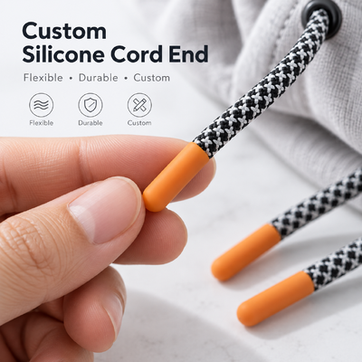 耐久性のあるドローストリングアクセサリー用のエコフレンドリーポリエステルコード付きカスタムシリコンコードエンド